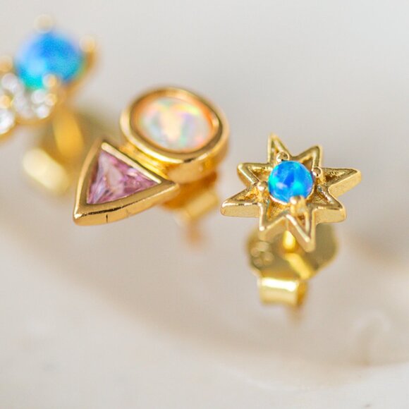 Opal Star Studs Blue opal Starburst Earrings North Star Studs Tiny Gold Dainty - Picture 3 of 13